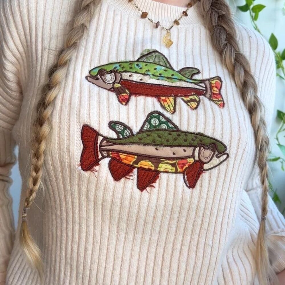 upcycled cream patchwork fish embroidered women's cable knit sweater